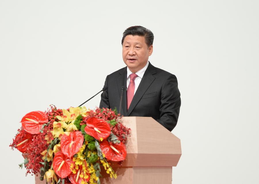 Chinese President Xi Jinping delivers a keynote speech at a celebration gathering marking the 15th anniversary of Macao's return to the motherland in Macao, south China, Dec. 20, 2014. Chinese President Xi Jinping attended the celebration gathering and the inauguration of the fourth-term chief executive and government of the Macao Special Administrative Region (SAR) on Saturday morning. (Xinhua/Li Tao)