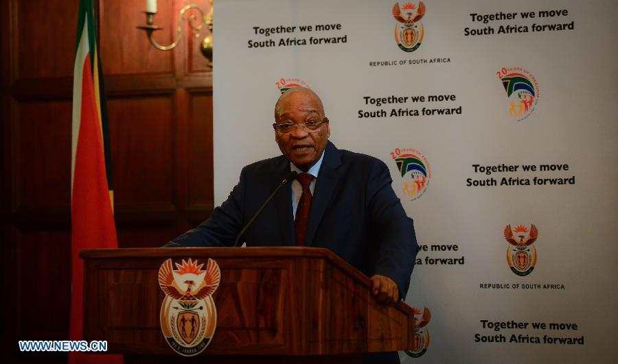 South African President Jacob Zuma addresses a media briefing after meeting with leaders of organizations representing foreigners in Pretoria, South Africa, on April 24, 2015. South African President Jacob Zuma on Friday met with leaders of organizations representing foreigners, assuring them of maximum protection. (Xinhua/Zhai Jianlan)