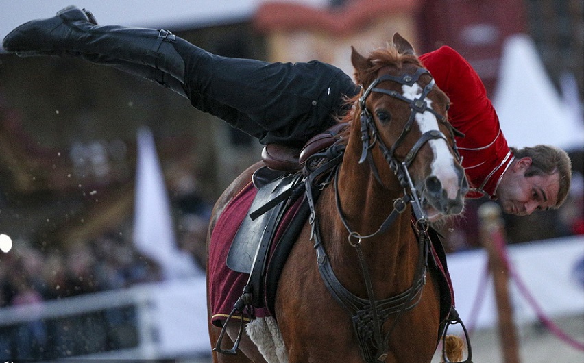 Russian Cavalry Performs Trick Riding for international Military Music Festival