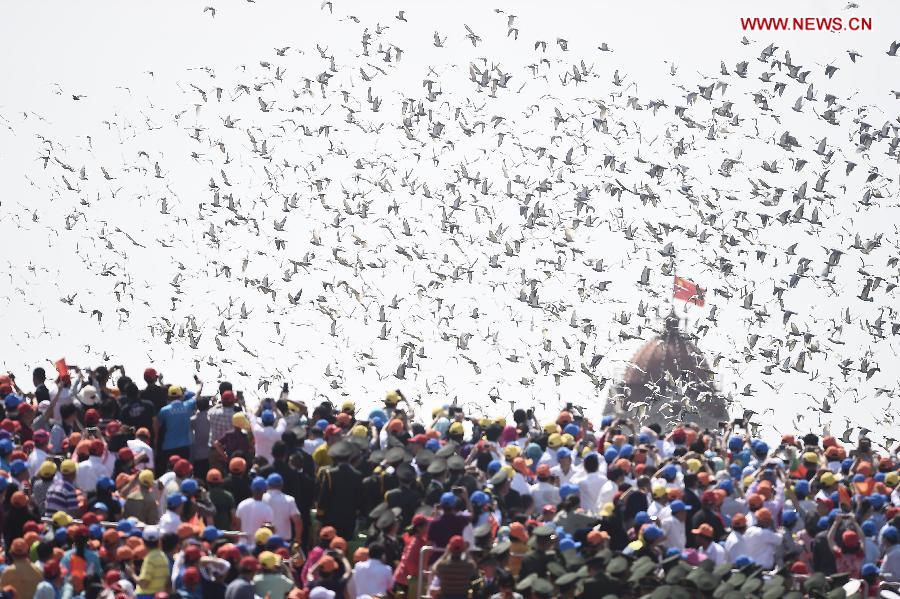 Hundreds and thousands of white doves are released, marking the end of the grand V-Day parade