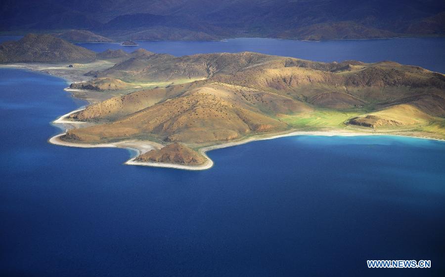 Aerial view of Yamzho Yumco Lake in Tibet