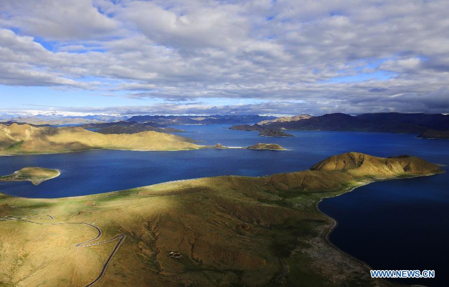 Aerial view of Yamzho Yumco Lake in Tibet