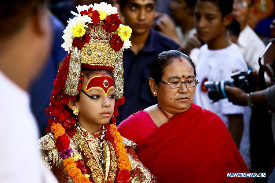 Nepalese Living Goddess Kumari Worshiped at Indrajatra Festival