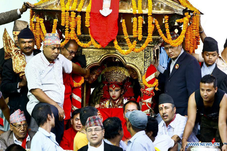 Nepalese Living Goddess Kumari Worshiped at Indrajatra Festival