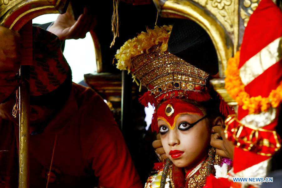 Nepalese Living Goddess Kumari Worshiped at Indrajatra Festival