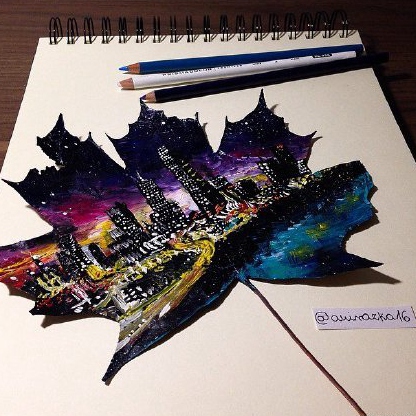 16-yr-old Polish girl uses fallen leaves as canvas