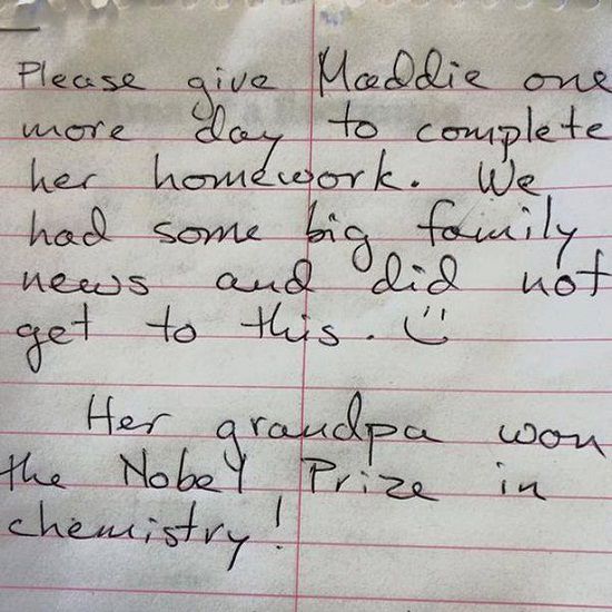 British girl gives fantastic excuse for not doing homework – her grandfather just won the Nobel Prize