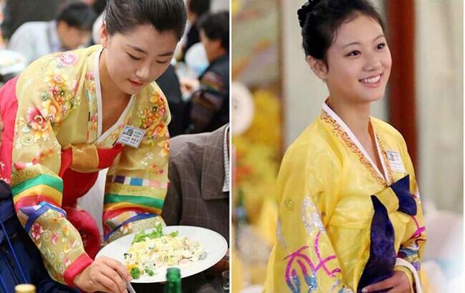 Beautiful DPRK waitresses in Korean families reunion dinner