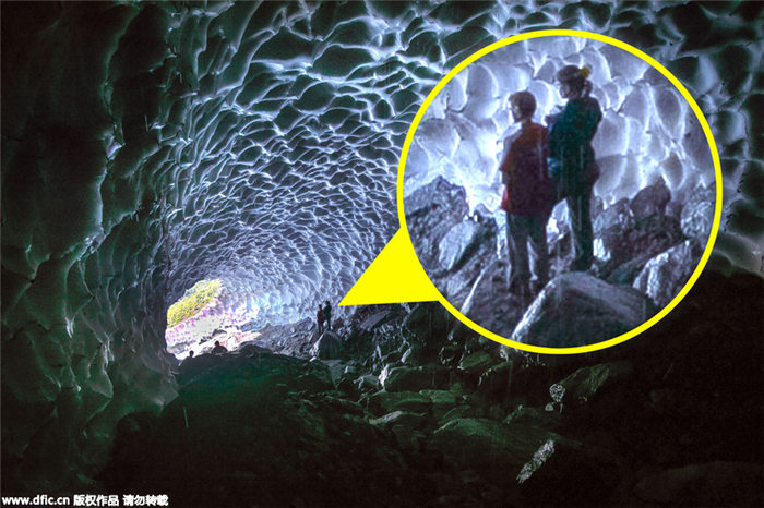 Inside the Georgian Ice Cave with water melting down like rain