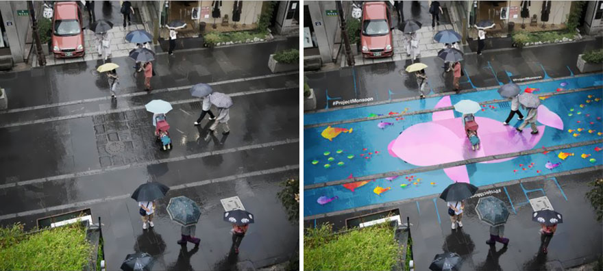 Magical ground graffiti appears only when it rains in Seoul