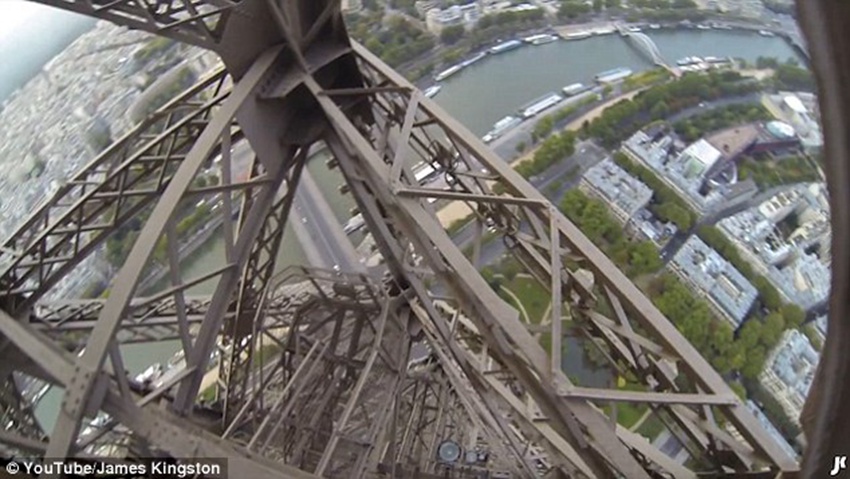 GoPro footage shows British daredevil walking across the top of the Eiffel Tower