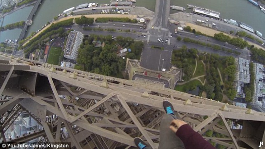 GoPro footage shows British daredevil walking across the top of the Eiffel Tower