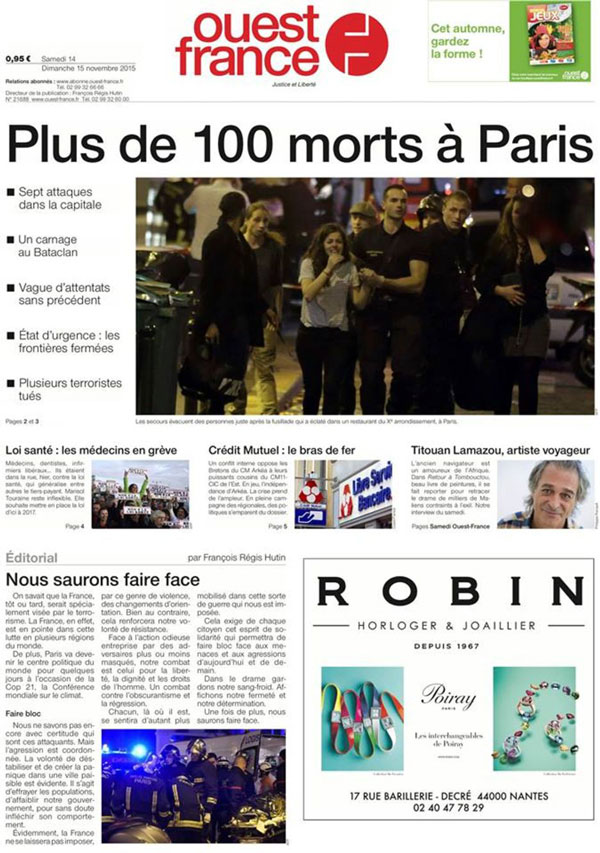 Shock, horror and outrage over Paris attacks on French newspaper front page