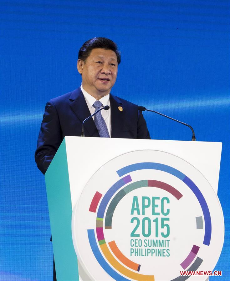 Chinese President Xi Jinping addresses the APEC CEO summit in Manila, the Philippines, Nov. 18, 2015. (Xinhua/Li Xueren)