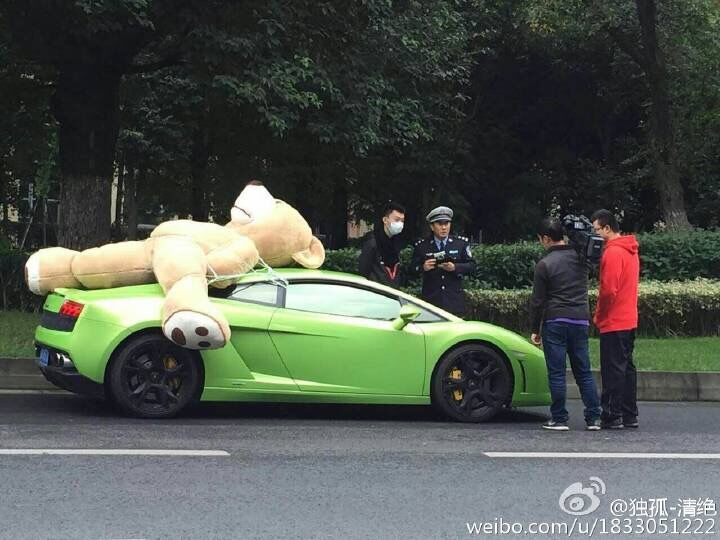 Police pull over a Lamborghini with a teddy bear strapped on the roof