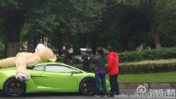 Police pull over a Lamborghini with a teddy bear strapped on the roof