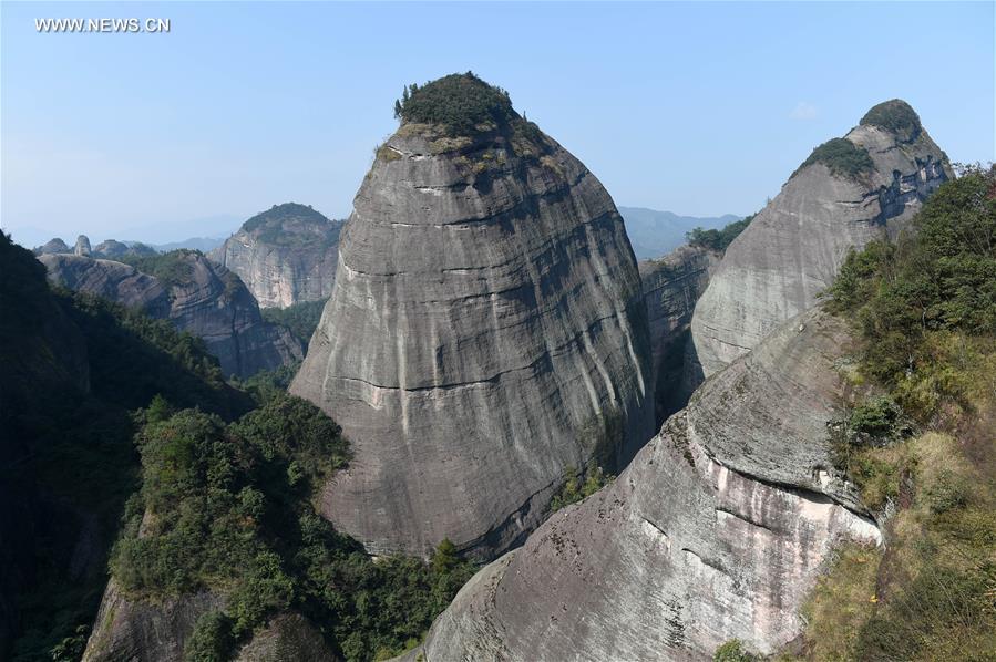 Scenery of Danxia landform at Bajiaozhai Scenic Spot in China's Guilin