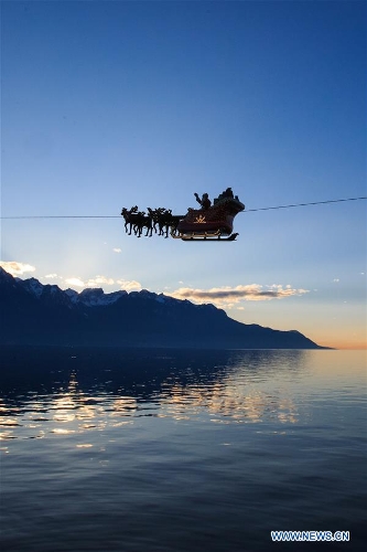 Flying Santa Claus stunts show seen in Montreux, Switzerland