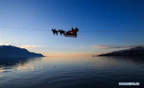 Flying Santa Claus stunts show seen in Montreux, Switzerland
