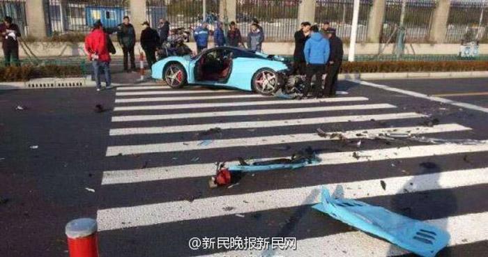 A Ferrari 458 severely damaged in serial collisions