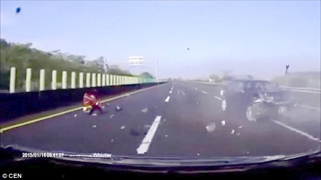 Shocking moment driver flies through car window