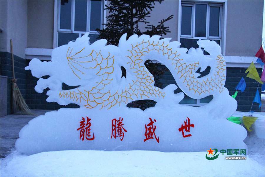 Snow sculptures brighten lives of soldiers in military camp
