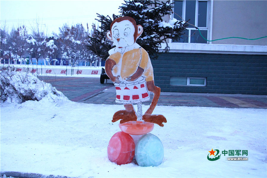 Snow sculptures brighten lives of soldiers in military camp
