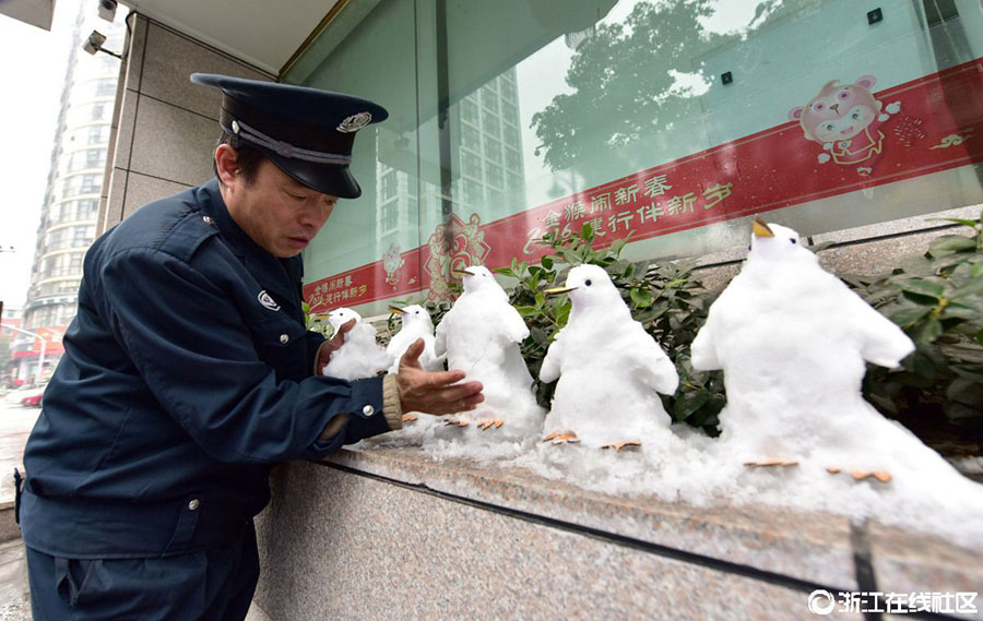 Security guard makes 21 snow penguins in Hangzhou
