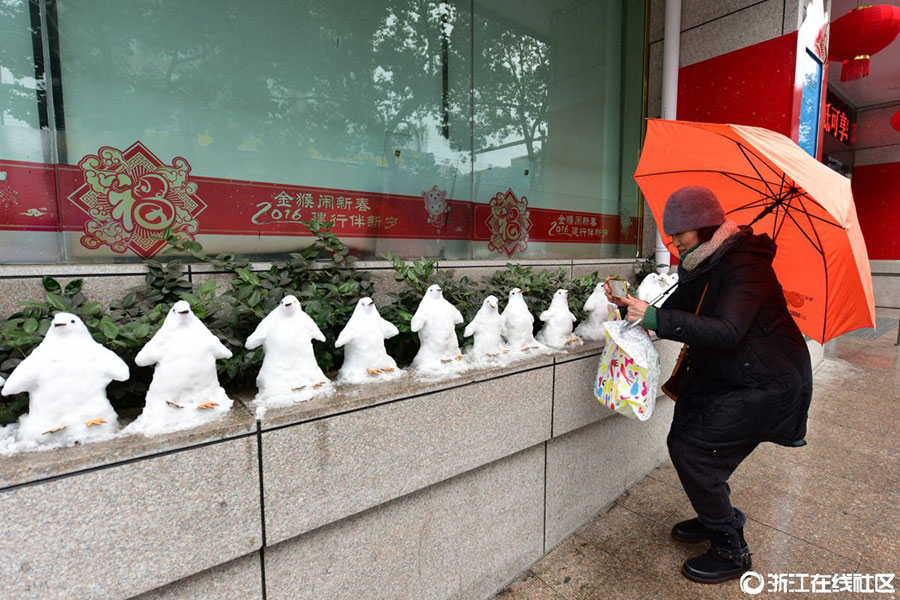 Security guard makes 21 snow penguins in Hangzhou
