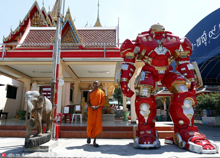 Buddhist temple sets up superhero figures to attract young visitors