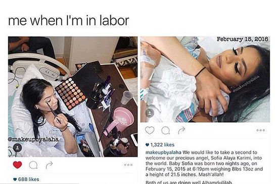 American woman puts on full face make-up in the middle of giving birth
