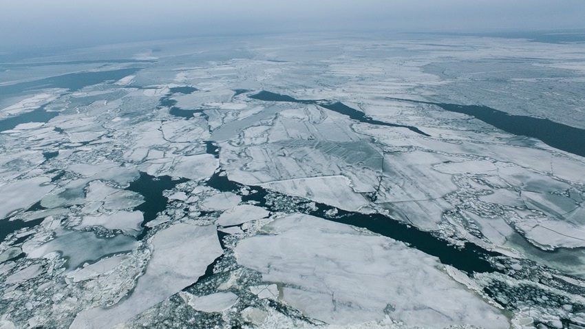 Aerial view of ice floating on Qinghai Lake