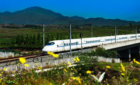 Bullet train running through fields
