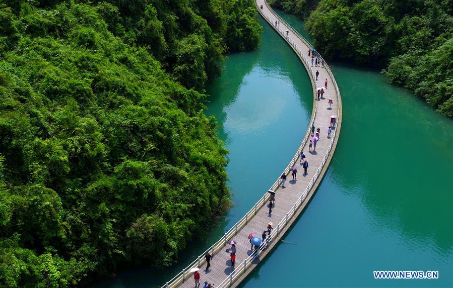 500-meter-long plank road built over river in C China