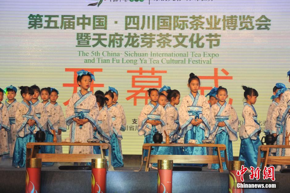 Pupils wear traditional costumes at tea expo in Sichuan