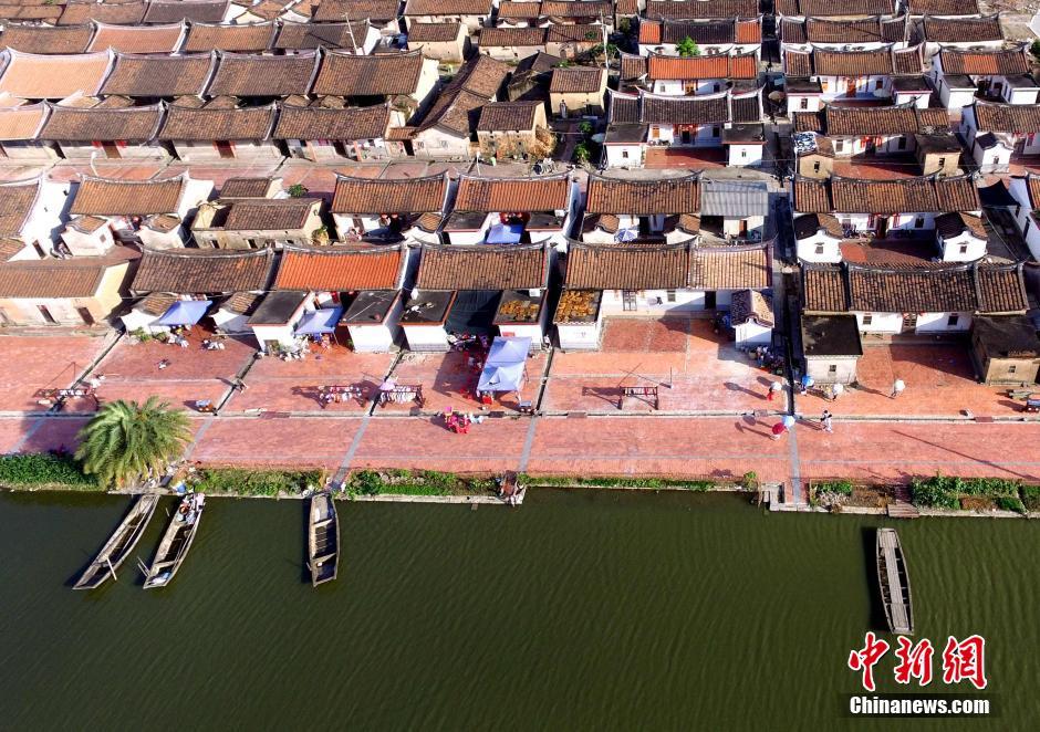 Aerial view of ancient village on water in SE China