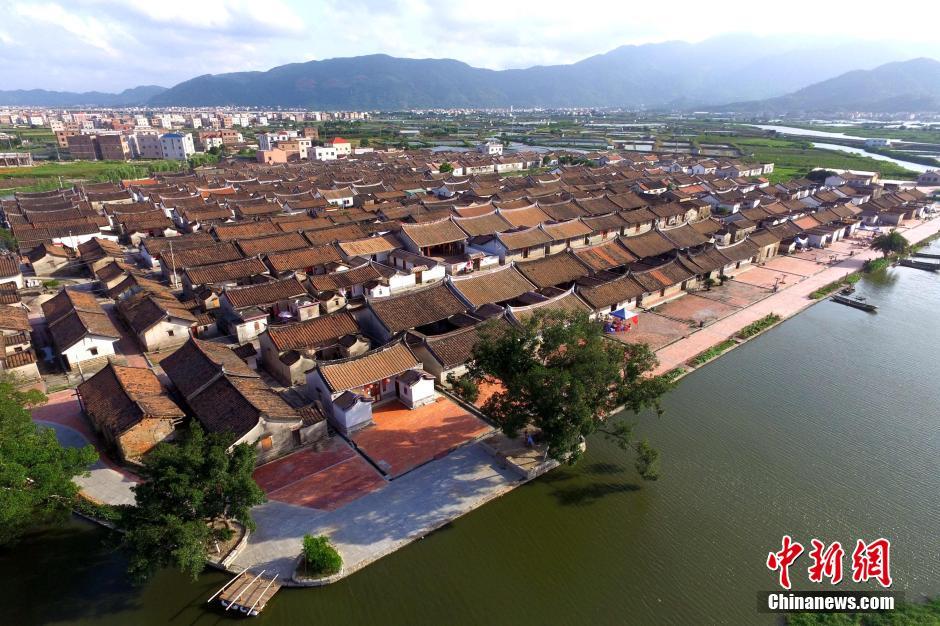 Aerial view of ancient village on water in SE China