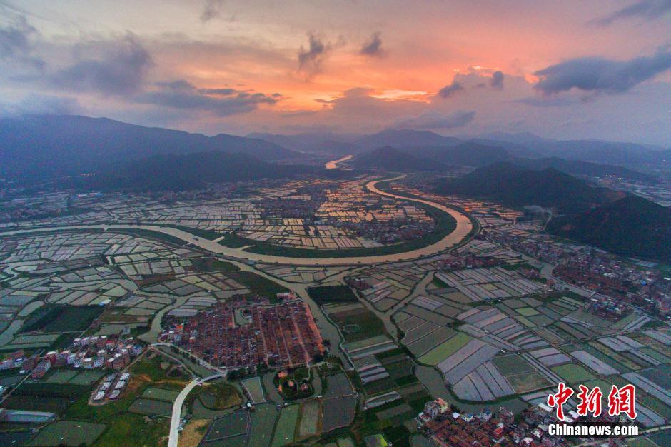 Aerial view of ancient village on water in SE China