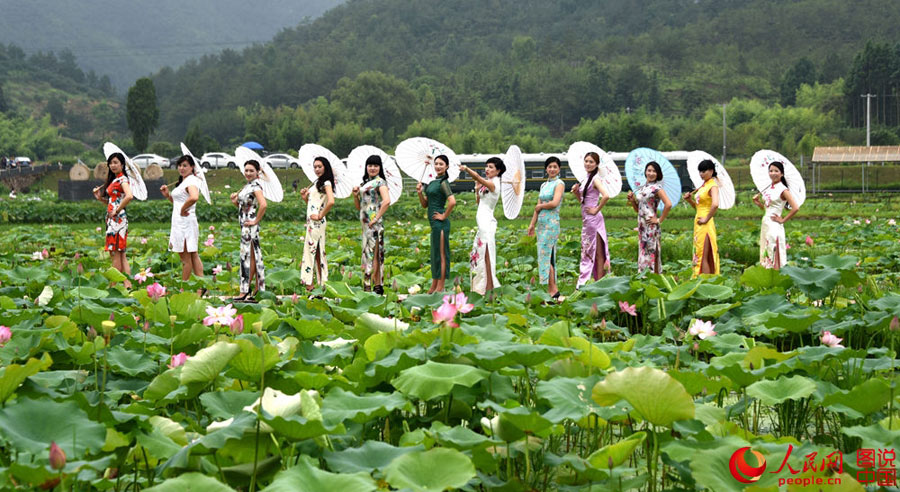 Cheongsam show held in lotus park in Zhejiang
