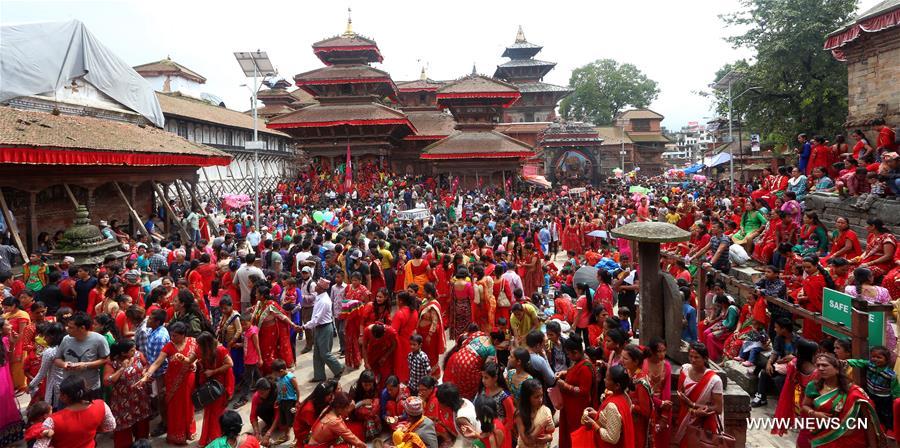 Women offer prayers during Teej festival in Kathmandu