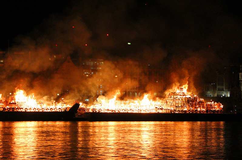 Thames River burn of London 1666 skyline sculpture to mark 350th anniversary of the Great Fire