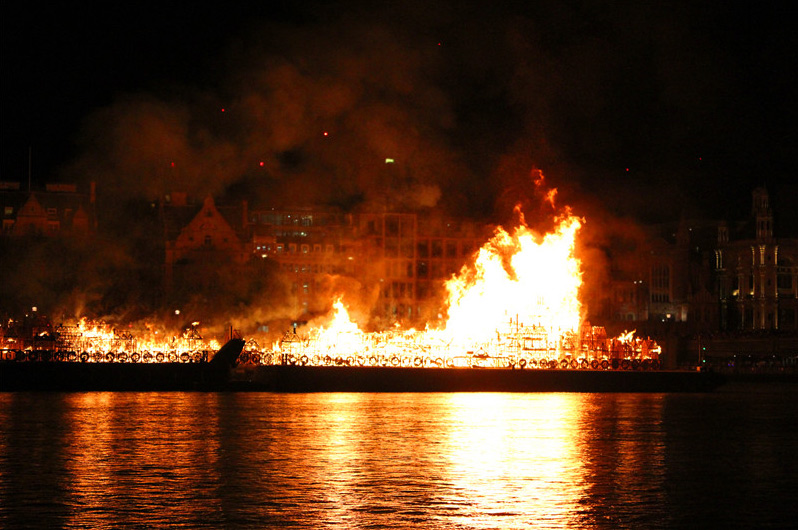 Thames River burn of London 1666 skyline sculpture to mark 350th anniversary of the Great Fire