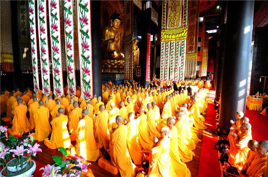 Inside the deity shrine of Dafo Temple on sacred Buddhist mountain 