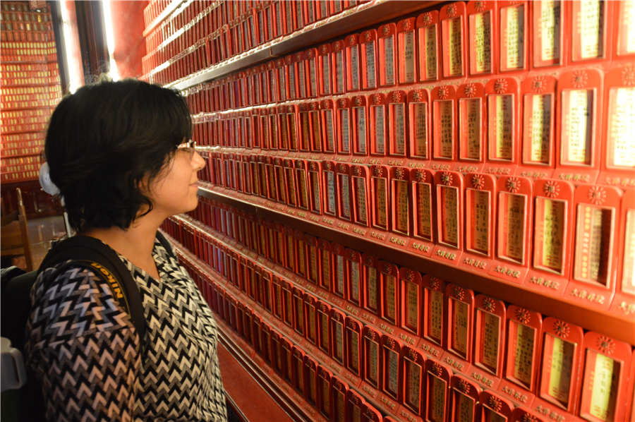 Inside the deity shrine of Dafo Temple on sacred Buddhist mountain 