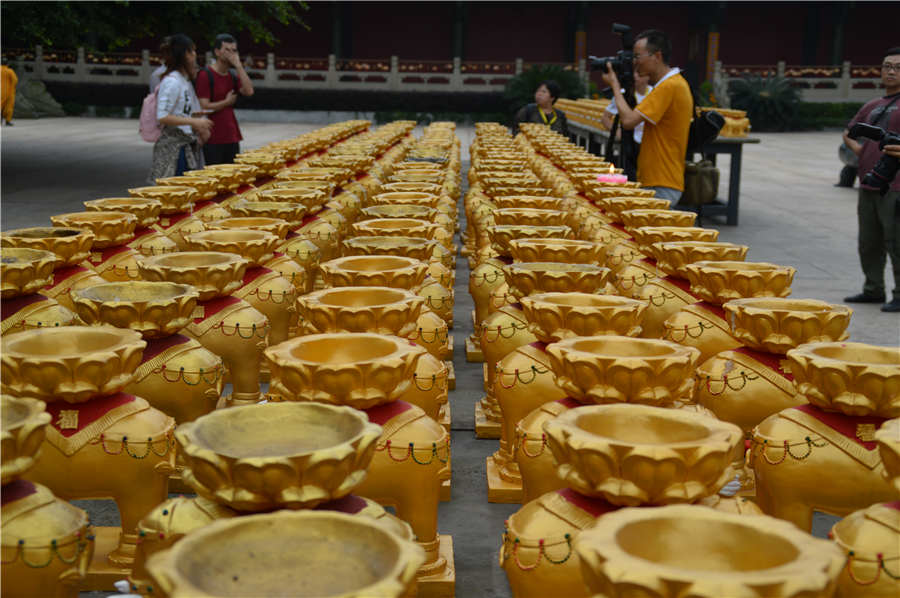 Inside the deity shrine of Dafo Temple on sacred Buddhist mountain 