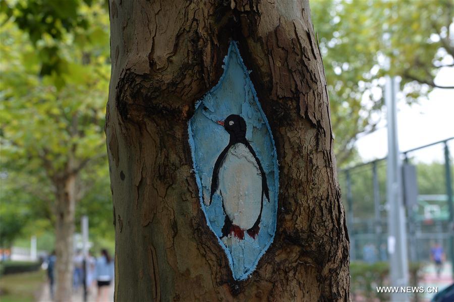 Fifteen art students of the university created 30 tree hollow paintings on campus to greet freshmen as new semester started.