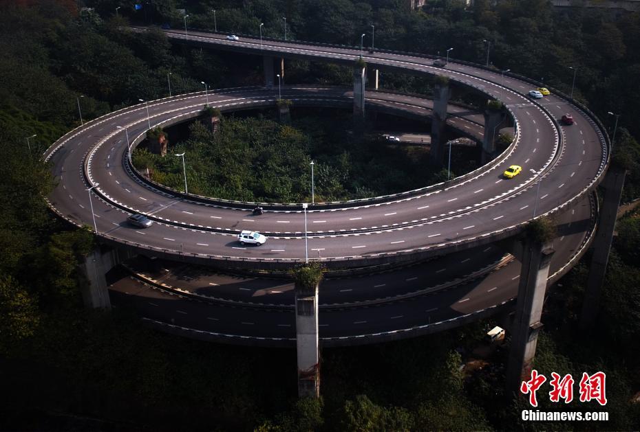 Aerial view of triple-loop spiral bridge in Chongqing