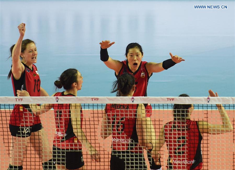 Vakifbank's Zhu Ting (C) celebrates scoring with her teammates during the Turkish Women Volleyball League match between Besiktas and Vakifbank in Istanbul, Turkey, on Feb. 15, 2017.
