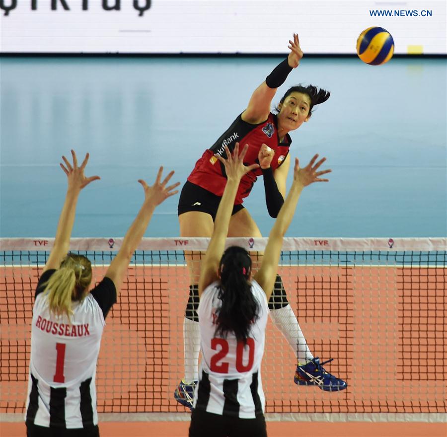 Vakifbank's player Zhu Ting(Top) spikes the ball during the Turkish Women Volleyball League match between Besiktas and Vakifbank in Istanbul, Turkey, on Feb. 15, 2017. 