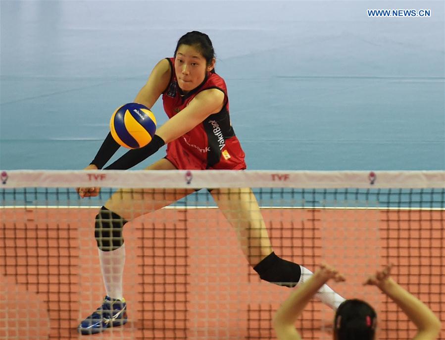 Vakifbank's player Zhu Ting saves the ball during the Turkish Women Volleyball League match between Besiktas and Vakifbank in Istanbul, Turkey, on Feb. 15, 2017. 